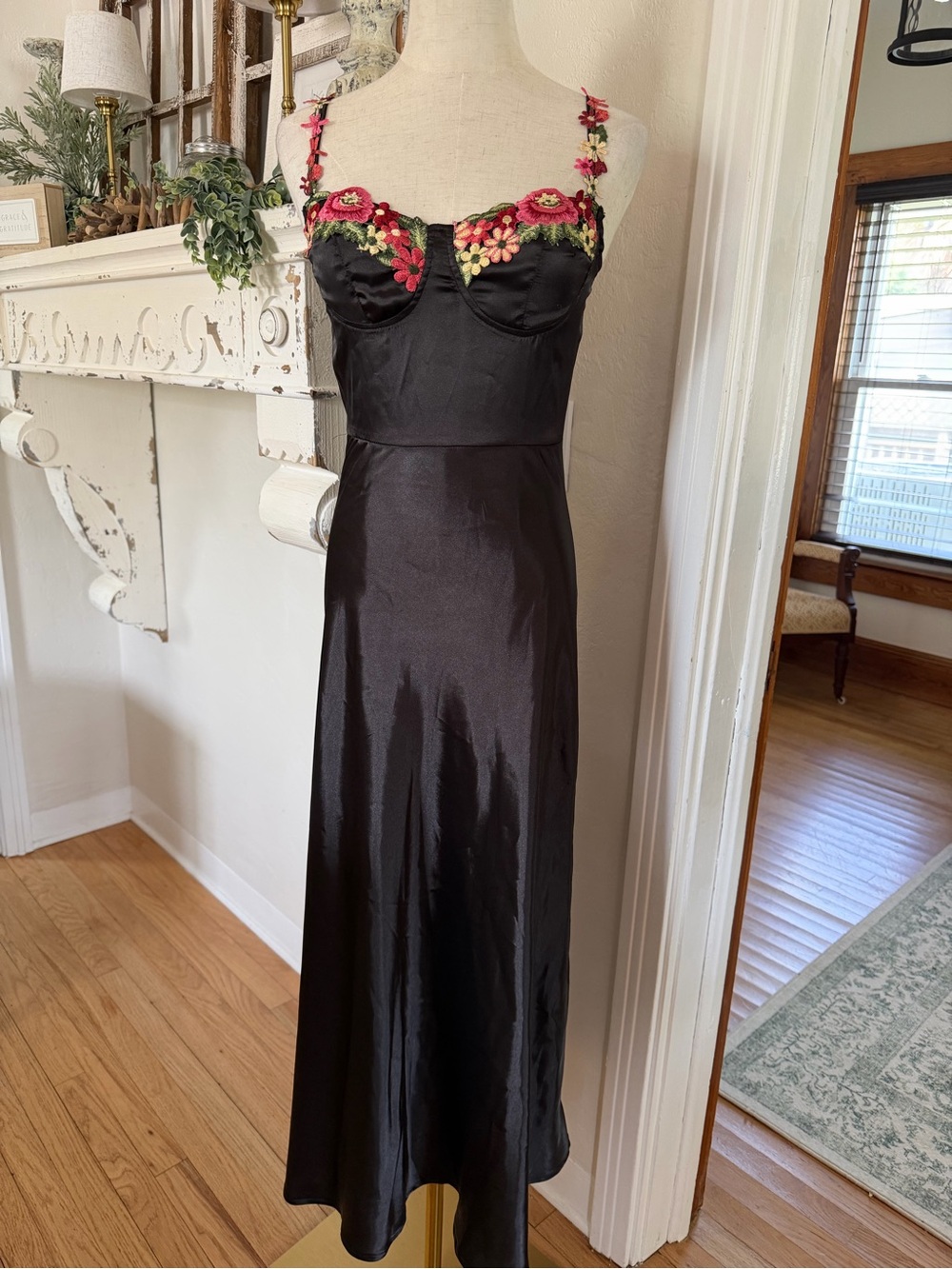 Source Unknown Black Maxi Slip Dress with Pink & Red Floral Embroidery